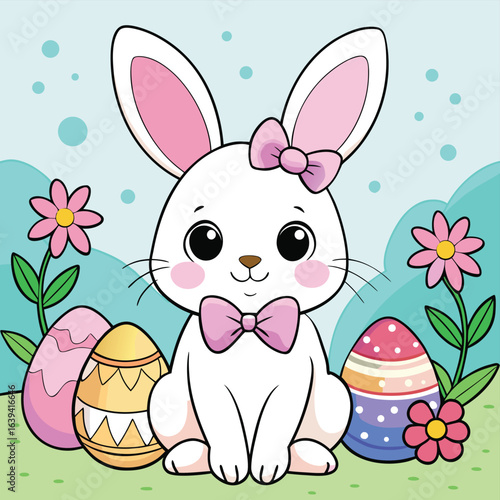 A fluffy Easter bunny with decorated eggs is hiding in the grass, ready for the holiday egg hunt