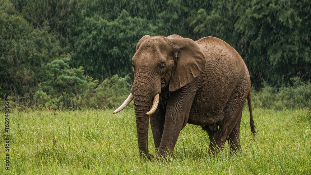 Fototapeta premium An elephant is seen strolling in its natural environment, surrounded by forest and wet grasslands in a rainy river delta setting.