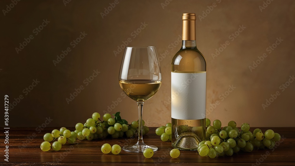 Fototapeta premium Dimly lit scene of a white wine bottle and glass with blank label against grapes