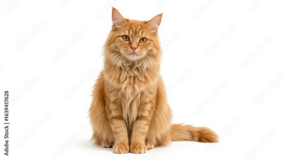 Obraz premium Cheerful fluffy kitty showcasing bright colors on a plain white surface