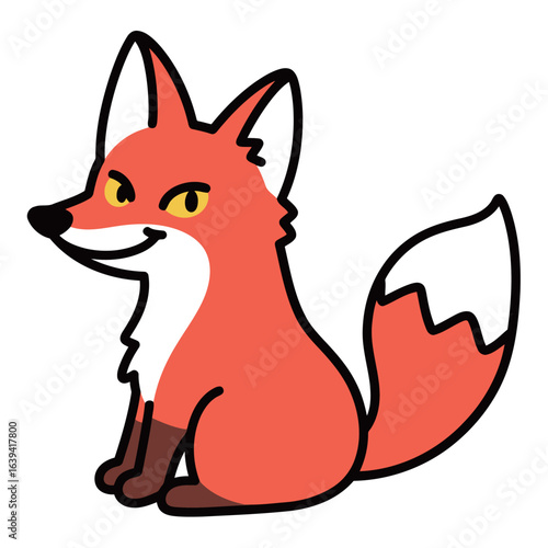 Clever cartoon fox character illustration with a sly and mischievous expression, sitting and looking forward.
