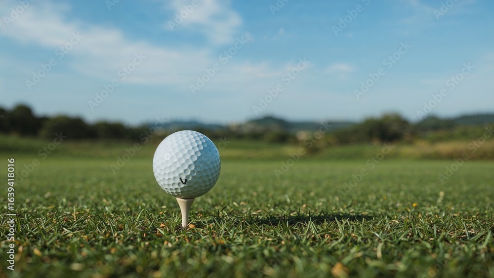 Golf ball positioned on tee with a soft-focus green background Golf ball positioned on tee with a soft-focus green background