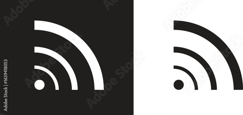 Minimalist black and white Wi-Fi signal icons in solid style. Perfect for connectivity, network, or technology designs. Includes inverted color scheme for versatile graphic use.