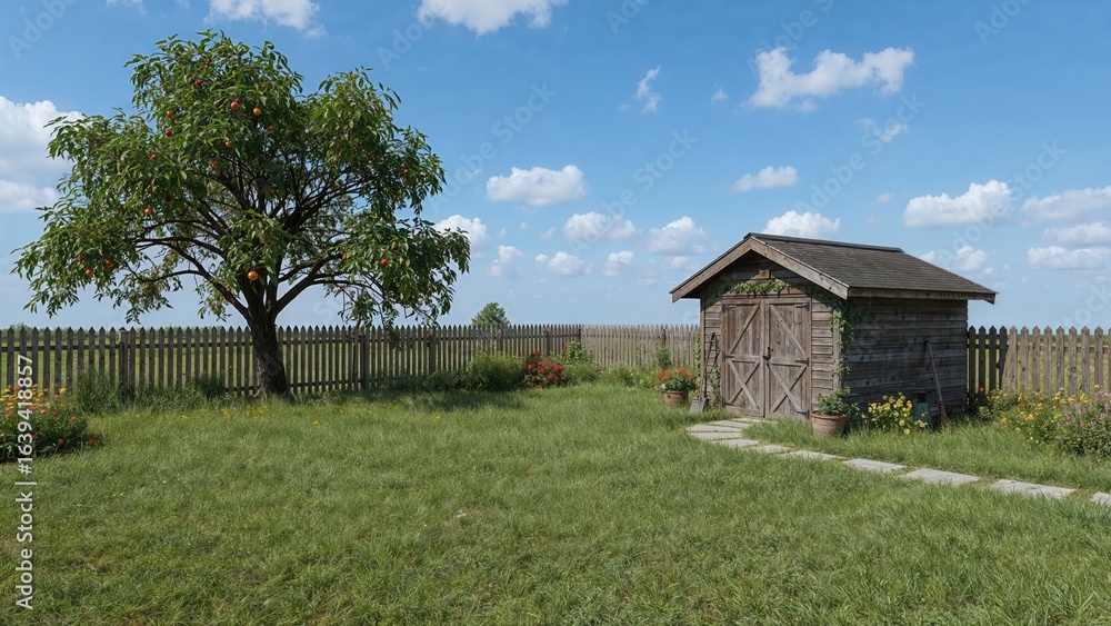 Obraz premium Backyard scene featuring gardening equipment, a timber hut, and a fruit-bearing tree - 3D Visualization