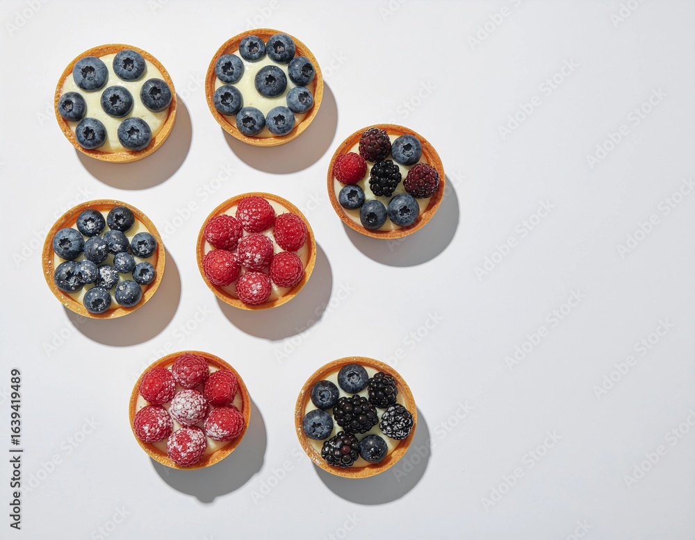 Assorted Mini Fruit Tarts on White Background Assorted Mini Fruit Tarts on White Background