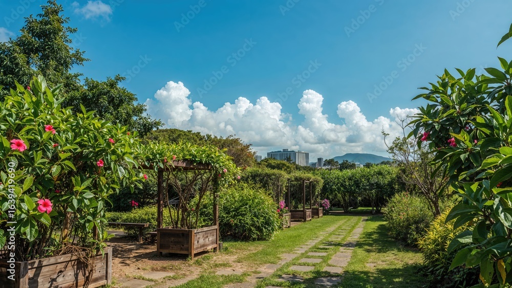 Obraz premium Peaceful Garden Retreat Amidst Greenery