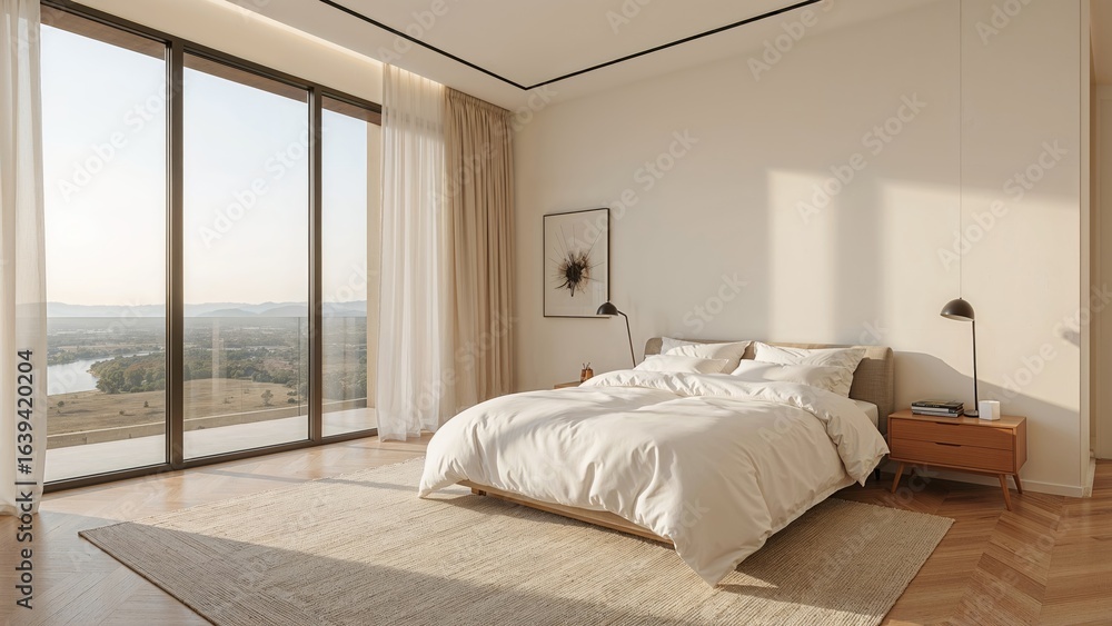 Obraz premium Contemporary design, cozy living space, inviting bedroom