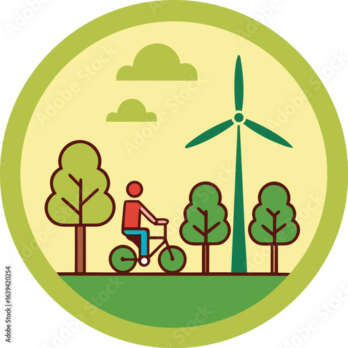 "Eco-Friendly Lifestyle Illustration with Cyclist, Wind Turbine, Trees, and Green Field in Circular Frame