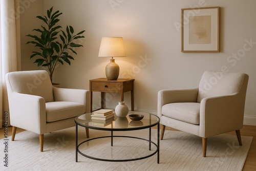 Serene Living Room Arrangement Featuring Two Comfortable Armchairs, a Glass Coffee Table, and a Side Table with a Lamp