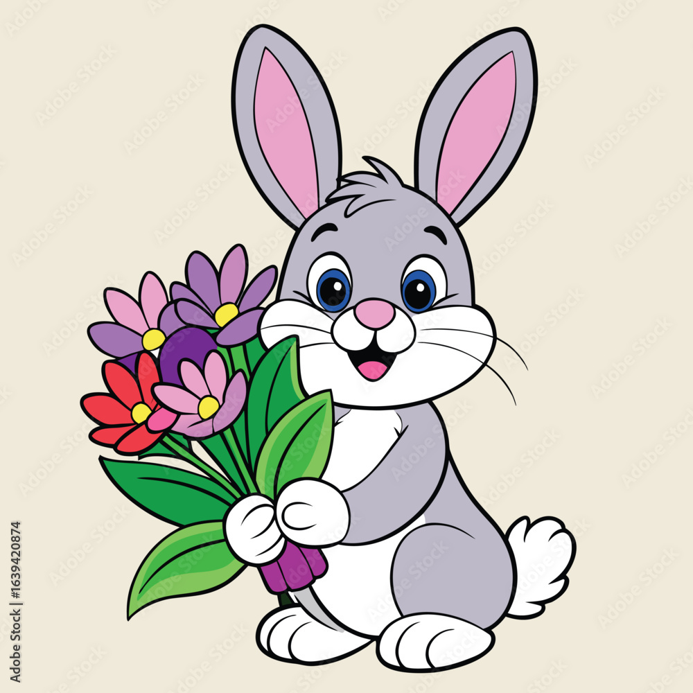 Fototapeta premium An illustration of a fluffy Easter bunny with an Easter egg, surrounded by colorful flowers