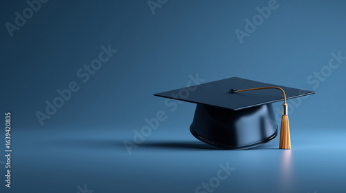 Education and graduation concept with a 3D rendering of a graduation cap on a blue background, leaving space to add text about taking a course, educating, or studying in realistic 3D shapes.

