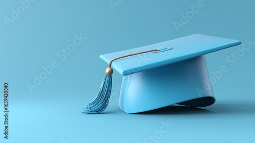 3D rendering of a graduation cap on a blue background illustrates the education and graduation concept, with an area to enter text about take course, educate, or study in realistic 3D shapes.

