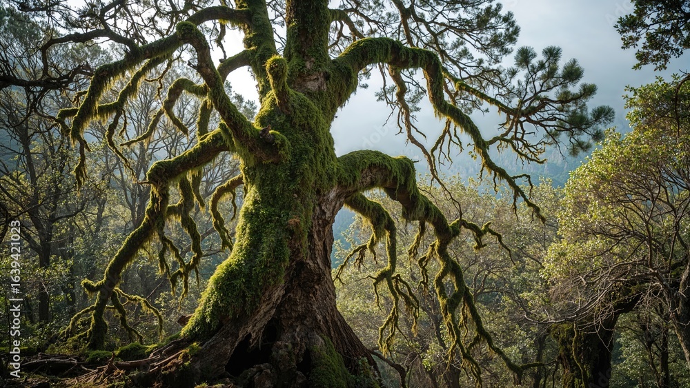 Fototapeta premium Textured tree bark adorned with moss against a backdrop of sky and forest, capturing the spirit of nature, woodlands, and mountainous terrain in spring