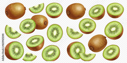 A vibrant collection of whole, halved, and sliced kiwi fruits, showcasing their brown skin and green flesh.