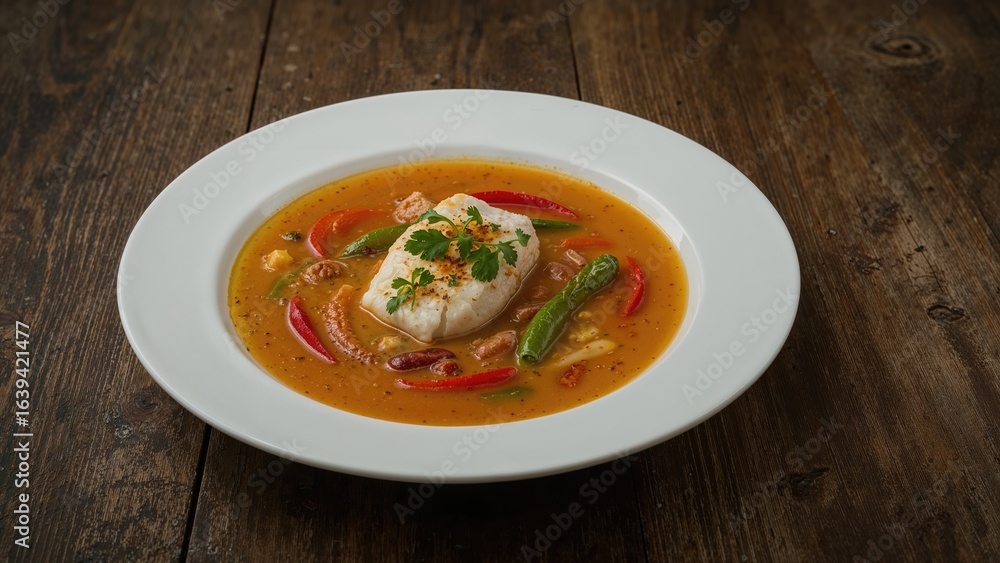 Close-up of fish stew with bell peppers in a spicy coconut curry served on a plate Close-up of fish stew with bell peppers in a spicy coconut curry served on a plate