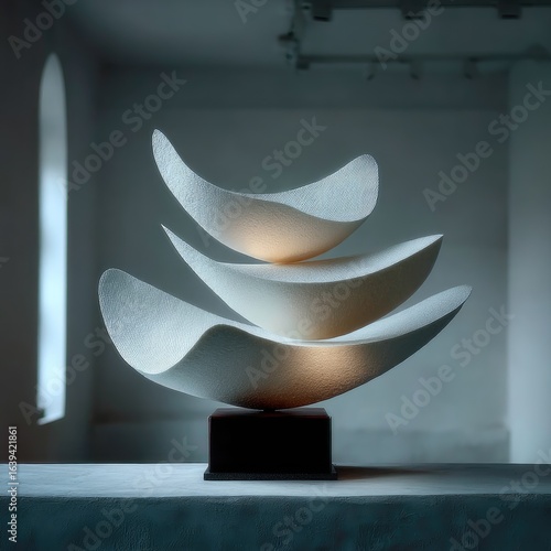 Abstract White Sculpture on Dark Base in Modern Room