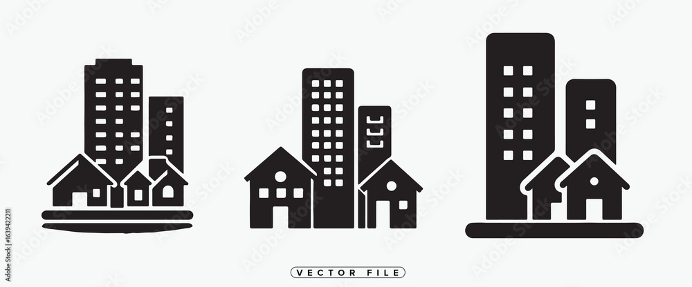 Fototapeta premium Black and white cityscape icons with houses and skyscrapers in vector format