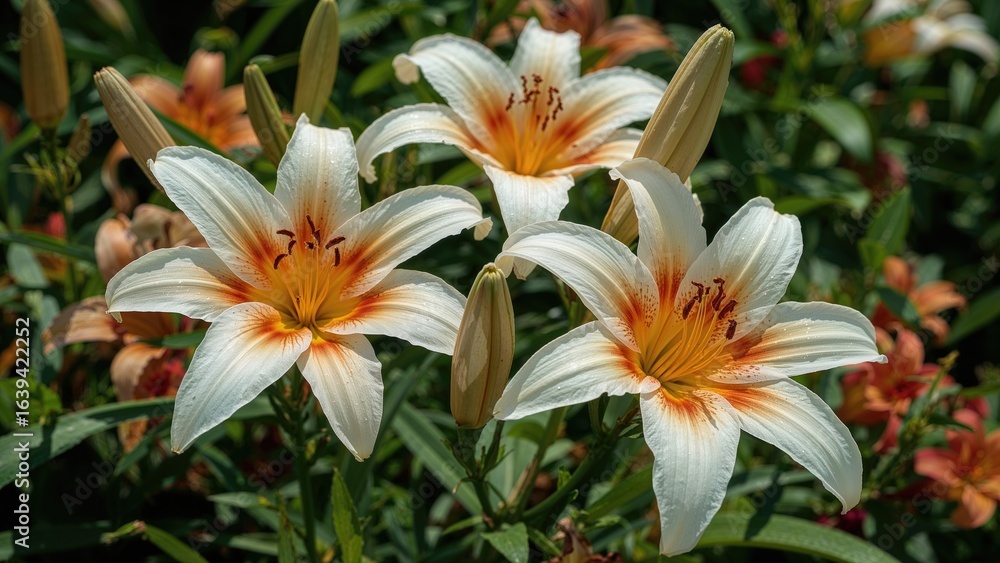 Fototapeta premium Summer garden showcasing bright daylilies in full bloom