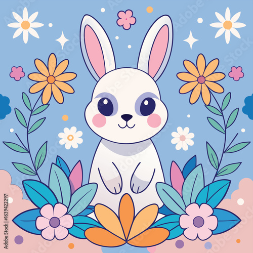 The cheerful Easter bunny, surrounded by colorful flowers and hidden eggs, brings joy to the spring holiday