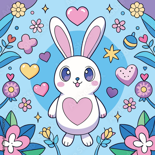 Seamless pattern with cute bunnies and rabbits among delicate flowers