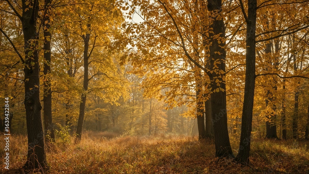 Fototapeta premium Early daylight shining through a yellow-leaved autumn forest