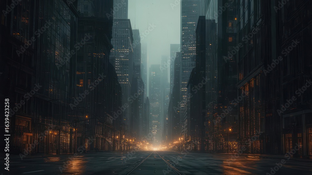 Fototapeta premium Empty Metropolis Street at Dusk, Mysterious Urban Landscape