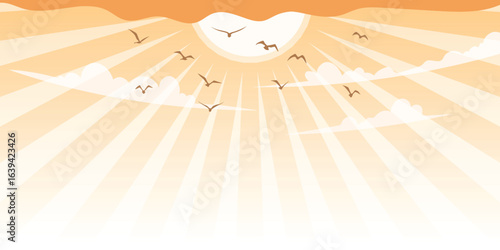 Vector drawing of sky, sun in the clouds, sun rays, cartoon illustration, natural background