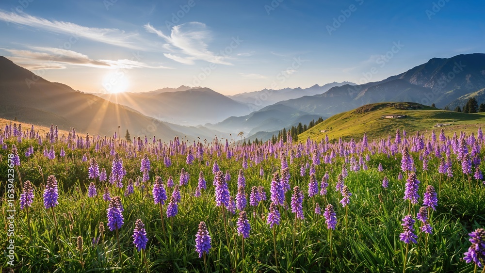 Fototapeta premium Spring meadow adorned with violet wildflowers