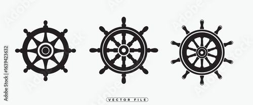 Black Ship Steering Wheels Vector Illustrations for Nautical Designs