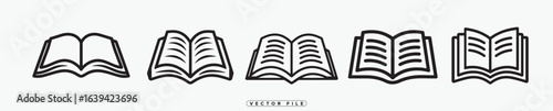 Set of open book icons in various styles for educational or literary concepts