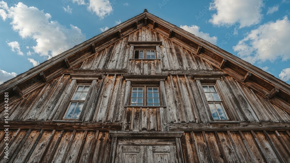 Obraz premium Old wooden building's vintage exterior against a backdrop of blue sky and clouds
