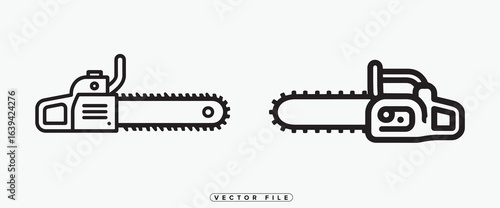 Black and white vector illustration of chainsaws from different angles and perspectives