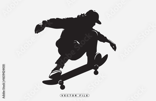 Silhouette of skateboarder performing trick on skateboard vector illustration on white background