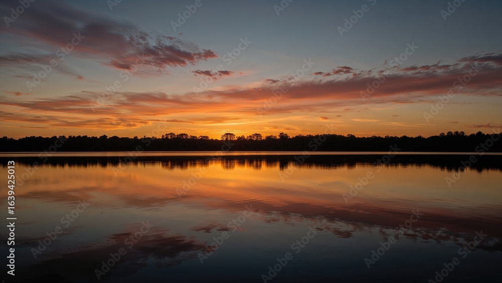 Naklejka premium Golden sunset mirrored on a peaceful lake creating a breathtaking view.