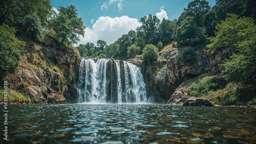 Fototapeta premium Summer scene featuring waterfall, natural landscape, and blue sky