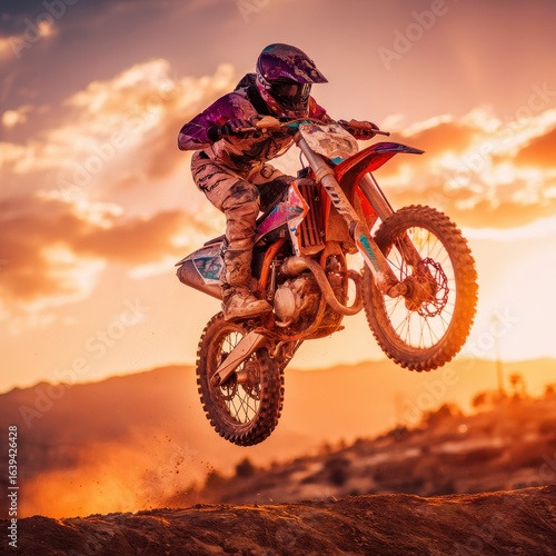 Motocross rider jumps sunset desert track