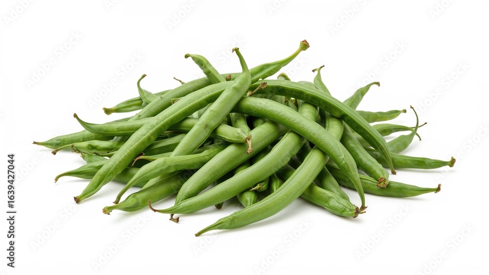 Fresh green beans piled on white surface, isolated, health, diet, vegetable, organic, nutrition, ingredient, flavor Fresh green beans piled on white surface, isolated, health, diet, vegetable, organic, nutrition, ingredient, flavor