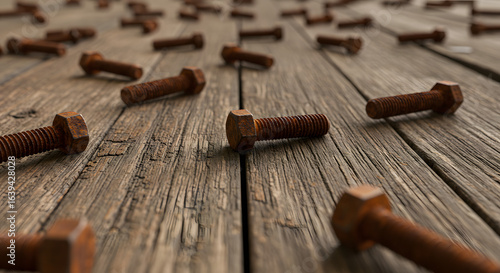 Weathered bolts scattered on aged wooden surface evoking a sense of rustic charm and industrial decay conveying a narrative of time forgotten amidst the textures and tones of obsolescence and