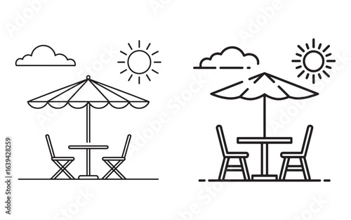 Outdoor cafe seating with sun and clouds table chairs
