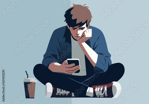 Flat illustration of a young man using a smartphone with a bored expression.