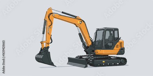 Crisp and detailed vector illustration of a mini excavator with clean bold outlines, smooth curves, and solid colors with subtle gradients