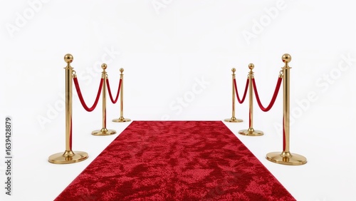 Golden stanchions and red velvet ropes lining a red carpet seen from a side perspective on white background