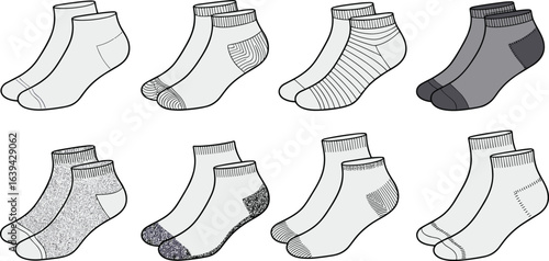 Ankle socks CAD drawing, flat vector illustration, fashion design template, apparel accessory sketch, knitting pattern, clothing blueprint, hosiery design, sock technical drawing