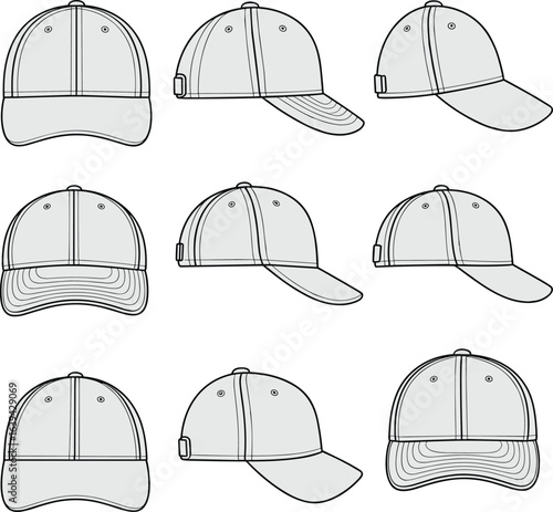 Baseball cap CAD drawing, flat vector illustration, hat technical blueprint design, fashion accessory sketch, sports cap concept art, detailed headwear design diagram