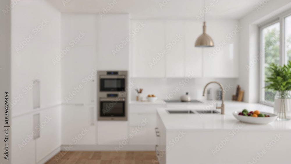 Fototapeta premium Blurred photo of a sleek kitchen interior with white storage units and natural light, emphasizing a minimalist approach. Defocused background.