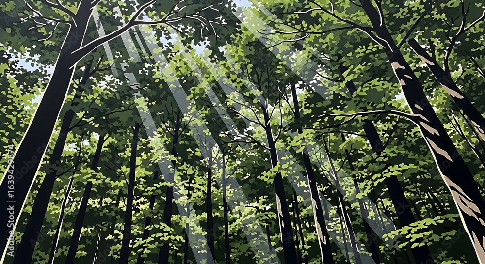 Fototapeta premium Sunlight filtering through a dense forest canopy.
