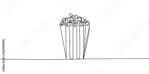 Minimalist line art of popcorn box, abstract cinema snack icon in black outline style for entertainment visuals