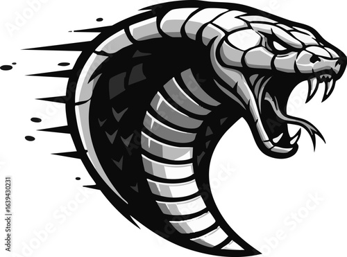 An aggressive cobra mascot with bared fangs lunges forward in a dynamic black and white graphic.