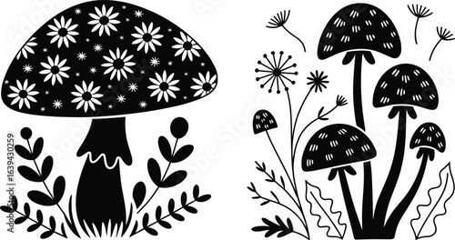 Mushroom silhouette vector art, botanical fungi illustration, floral toadstool design, 