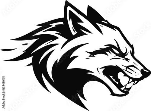 A fierce, stylized black and white illustration of an aggressive wolf head mascot snarling with bared teeth.